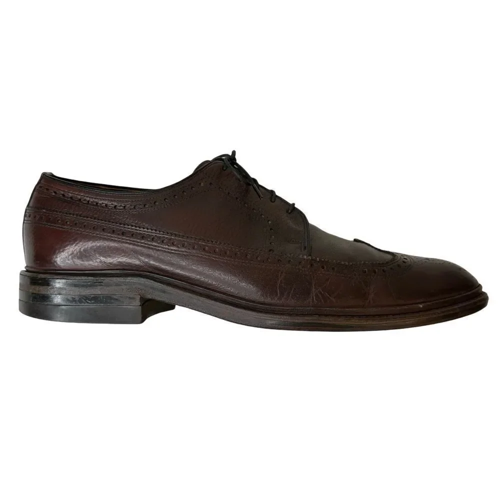 Vintage Men's Brown Leather Wing Tip Shoes Made In USA Circa 1970s Size 11